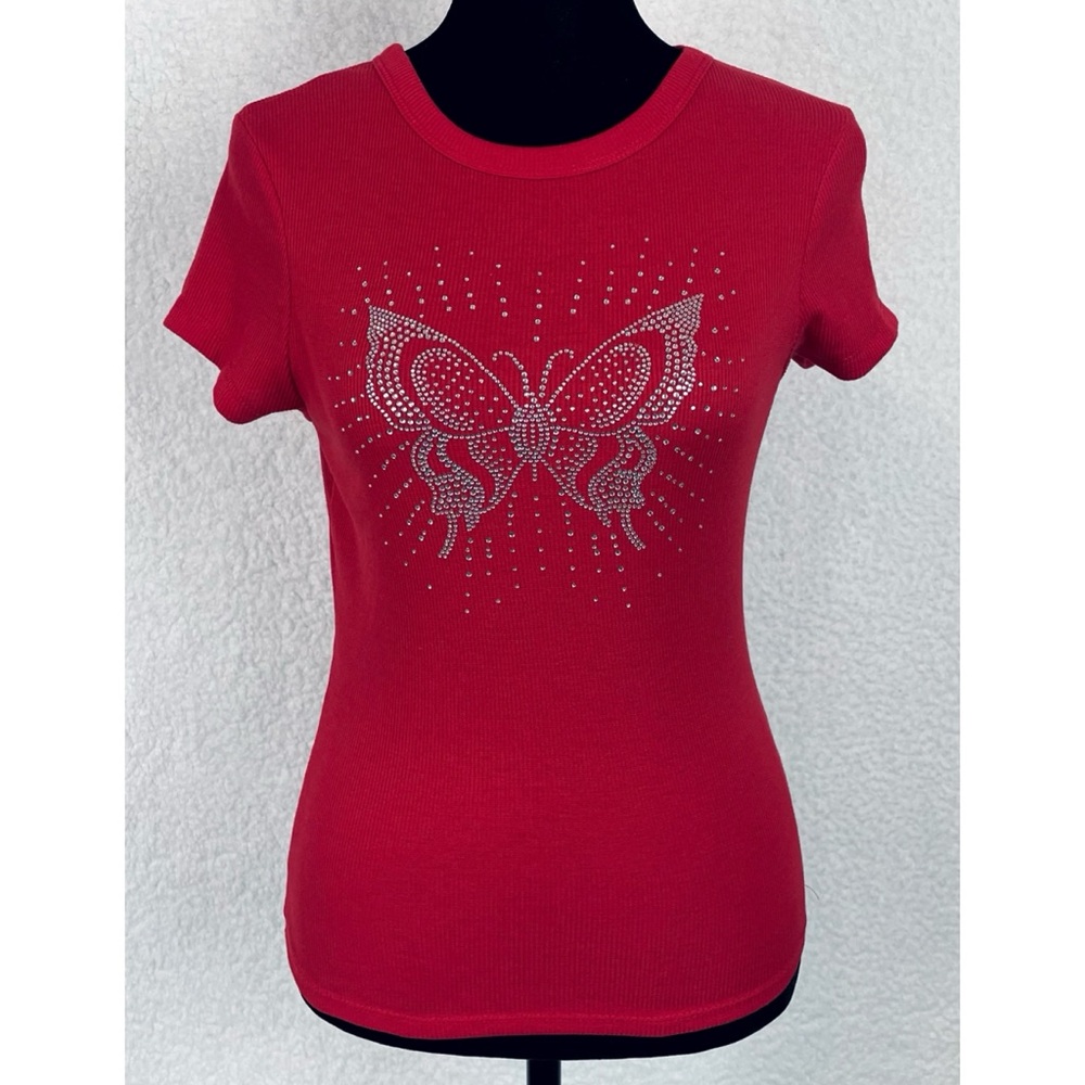 ORANGE KISS • Red/Silver Y2K Rhinestone Butterfly Ribbed Short Sleeve Tee, M - Picture 2 of 13